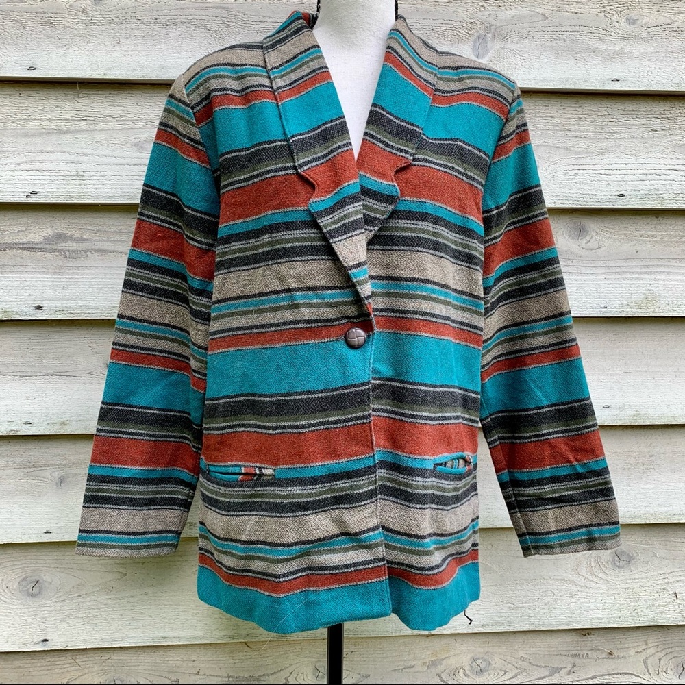 Vintage 80s Wool Blend Striped Print Collared V-Neck Long Sleeve Casual Jacket